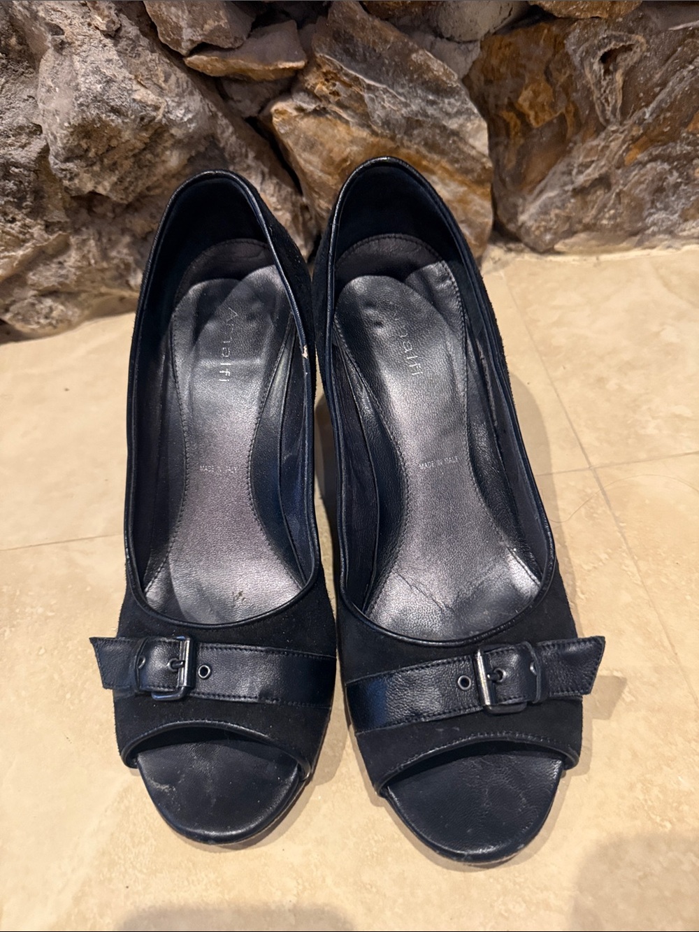 Amalfi Black Peep-Toe Heels with Buckle Detail